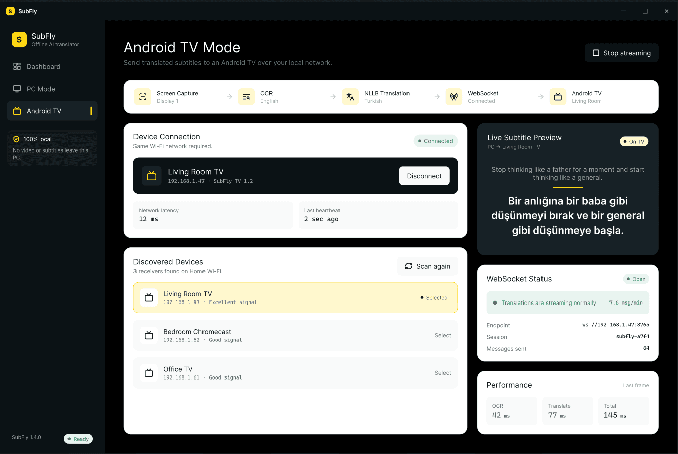 Bilgisayardaki Subvoce, Android TV Modu’nda çevrilmiş altyazıları salondaki televizyona gönderiyor