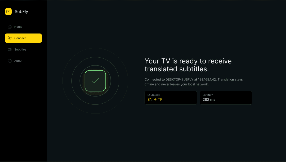 Android TV’deki Subvoce uygulaması bağlı ve çevrilmiş altyazıları almaya hazır